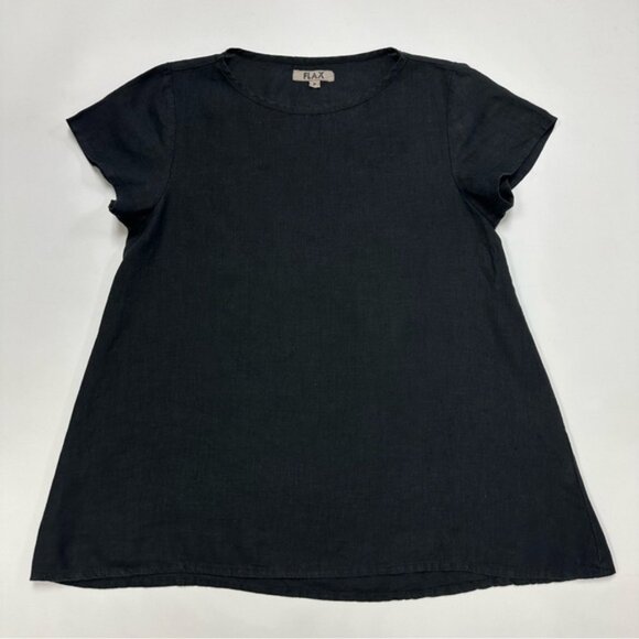 FLAX solid black linen round neck short cap sleeve top Medium minimalist - Picture 10 of 10